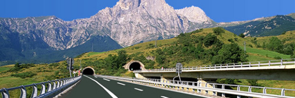 Highway (autostrada) from Rome to Abruzzo showing the Gran Sasso Mountain.